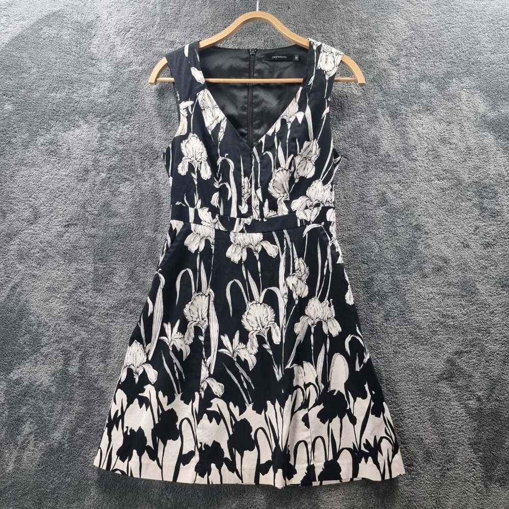 PORTMANS Womens Dress Black White Floral Sleeveless V-Neck A-line